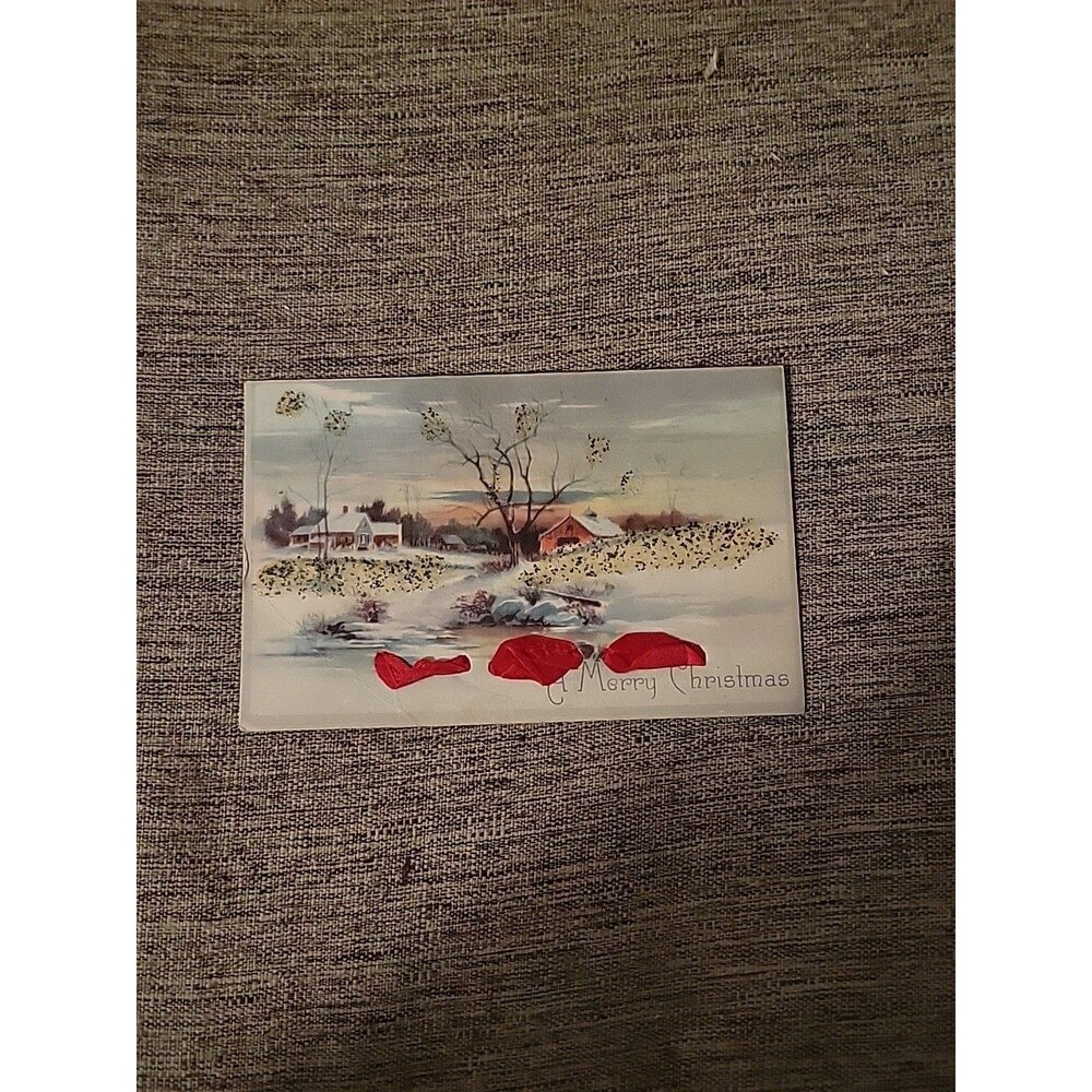 CHRISTMAS glitter applied snow country scene Barn Ribbon Winter c1910 postcard